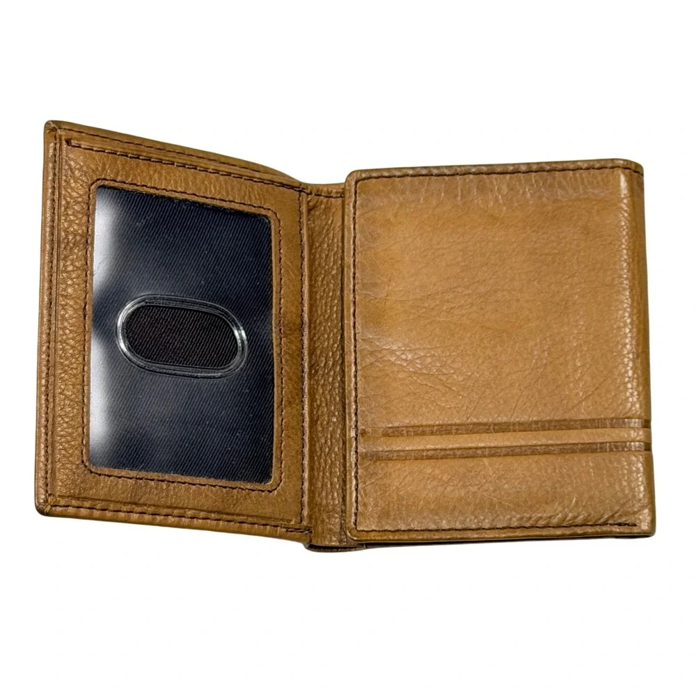 Fossil Mens Trifold Wallet Brown Cowhide Leather ID Window Card Slots Cognac